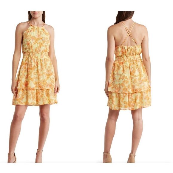 Collective Concepts‎ Womens Floral Smocked Waist Halter Dress Yellow Medium NWOT - Picture 1 of 8